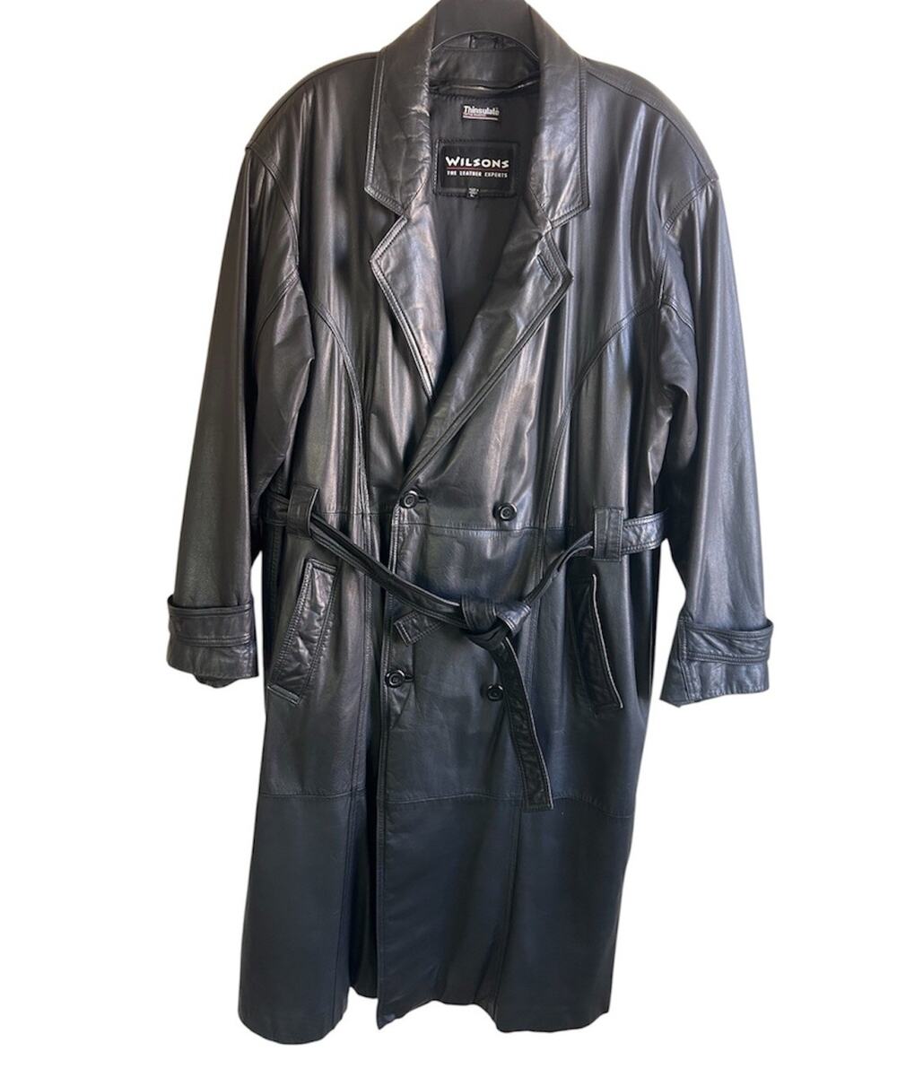 Vintage Wilsons Leather Trench Coat Mens L Black Thinsulate Belted Korea